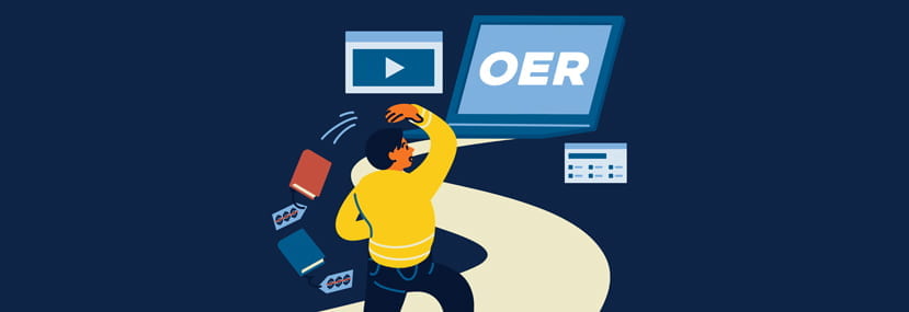 An illustrated student tossing away expensive textbooks and running down a path to a laptop labeled ''OER."