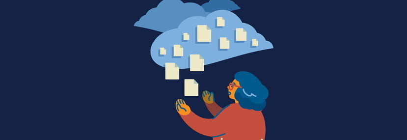 An illustrated student catching computer files falling from a cloud above them