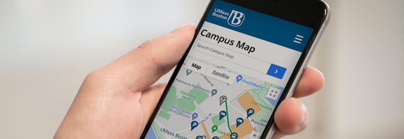 A close-up of a phone screen featuring the UMass Boston Campus Map