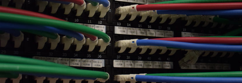 A close-up of connected server cables.