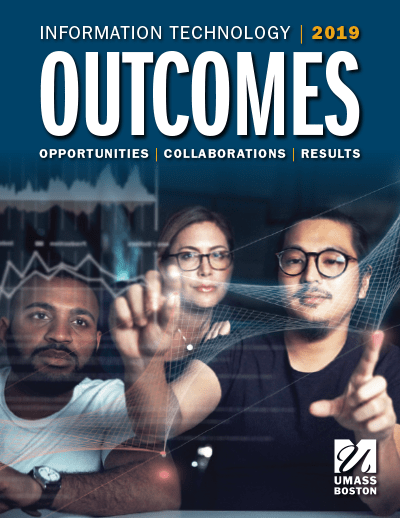 IT Outcomes 2019 cover–Three students engaging with a 3D object in space, resembling a graph and chart.