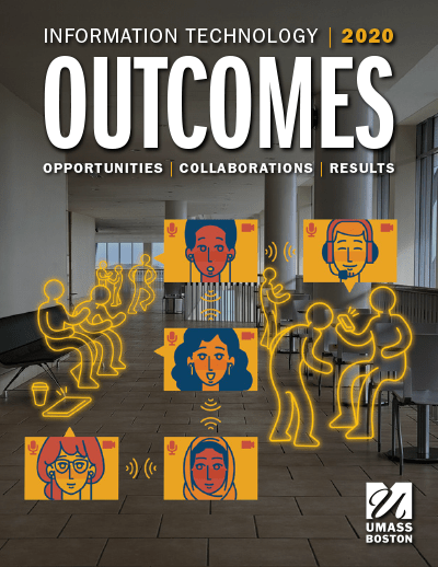 IT Outcomes 2020: Opportunities, Collaborations, Results. The cover features an empty Campus Center as the backdrop, symbolizing the shift to digital spaces in 2020. Overlaying the scene are illustrations of students in video stills with headsets, showcasing their active participation in virtual collaboration. Cartoon ghost figures are interspersed, representing challenges faced and conquered. The cover encapsulates the essence of IT achievements, highlighting the adaptability and collaborative efforts that led to tangible results in 2020.