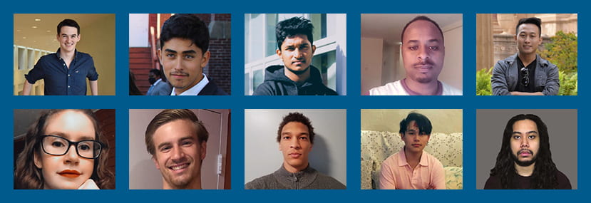 Headshots of the 10 featured students appear in a blue outline grid