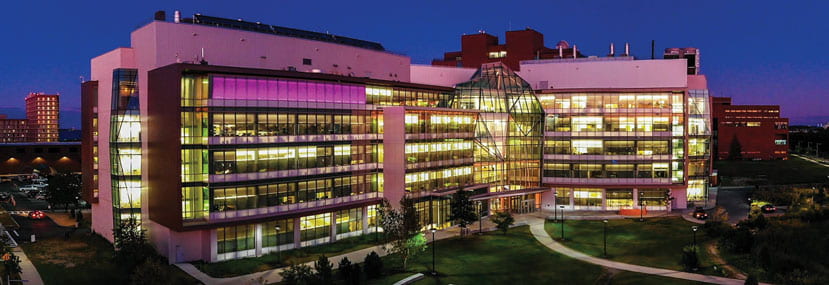 A dynamic image of the ISC at night lit in purple against a dark blue sky