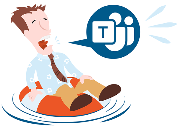 A cartoon depicting a frantic man sitting on a life preserver who is yelling out, with a Teams logo appearing within a speech bubble.