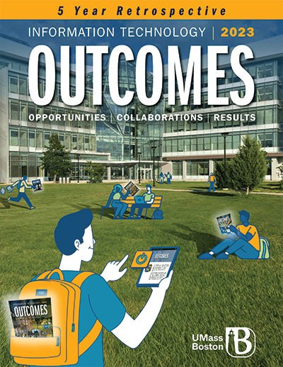Information Technology Outcomes 2023 Cover, with byline Opportunities, Collaborations, Results. Illustration of Students gathered in photo in front of ISC, engrossed in IT Outcomes magazine for a 5-year retrospective.