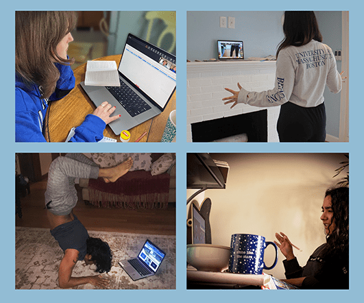 Four students appear independently in four different window panes yet they are all connected within one window. One works at a table, the other is standing by a fireplace, another does a headstand while looking at a laptop screen, another appears engaged in discussion.