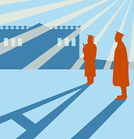 An illustration of 2 graduates in the middle ground while sun rays fill the background and a university and lone tree looms in the distance. The graduates cast a large shadow of AI into the foreground.
