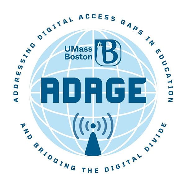 ADAGE logo, Addressing Digital Access Gaps in Education And Bridging the Digital Divide words encircle a globe shape. 