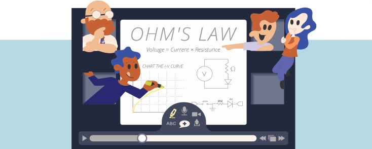 Illustration: An instructor and engaged students are interacting and drawing diagrams about OHM's Law on a VoiceThread screen.